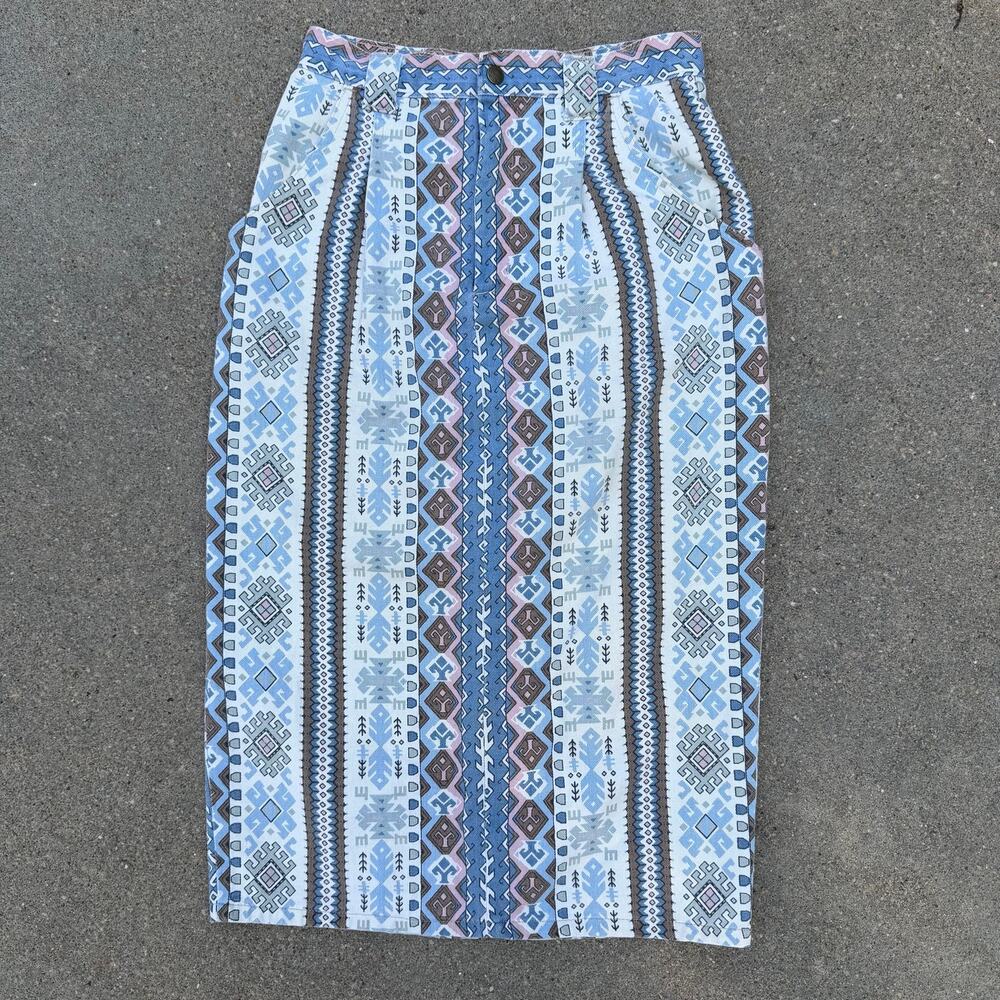 Vintage 90s Fair Isle Aztec Blue Brown Southwestern Stripe Pencil Skirt Size 8